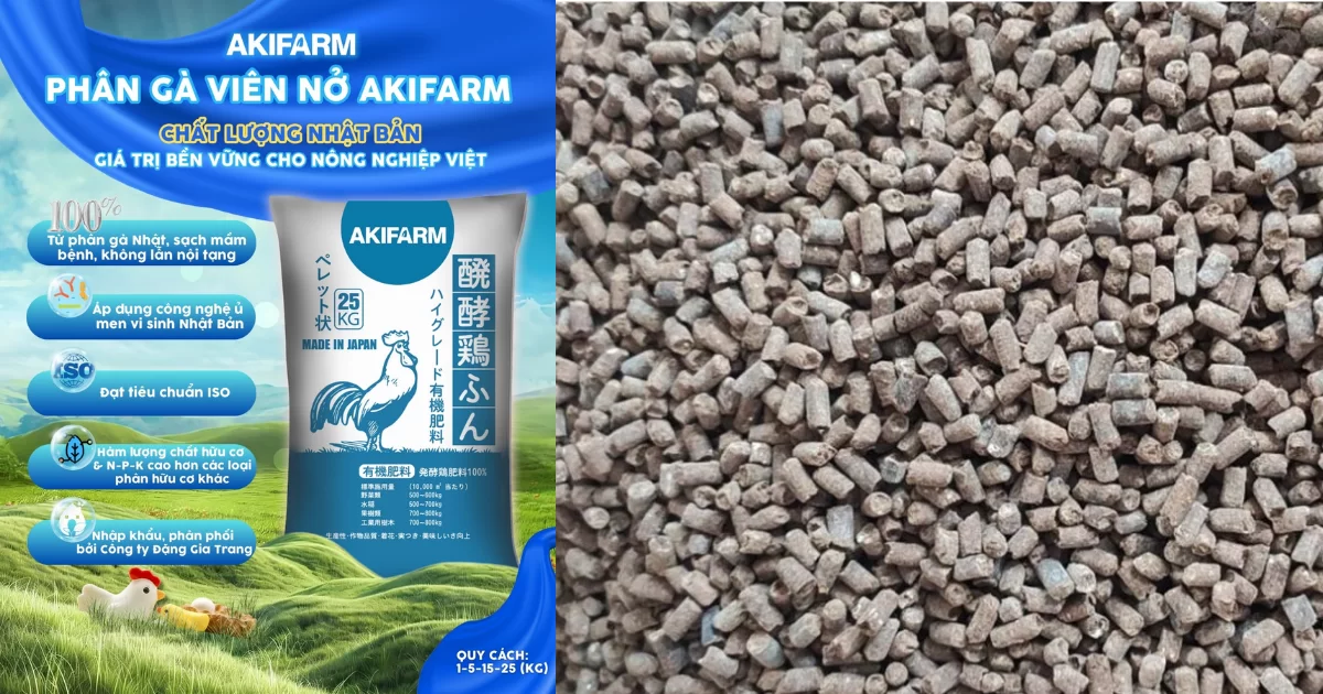 Phân gà AKI có chất hữu cơ ≥50%, NPK 3-2-2, giàu canxi, kali, axit humic