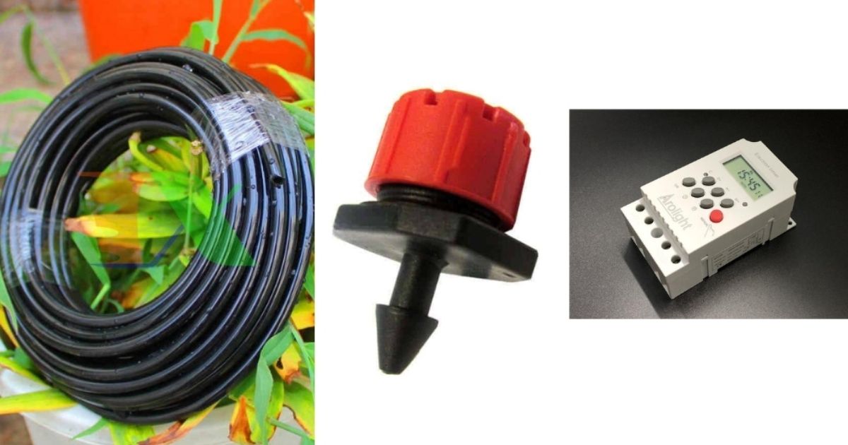 Ống dẫn đầu, đầu nhỏ giọt và bộ hẹn giờ tưới nước